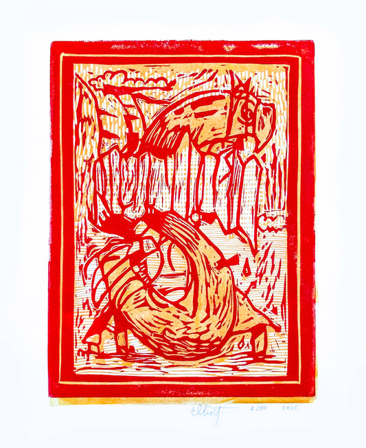 "Snake" A 2 Color Hand-Pulled Lino Print by Elliott Earls